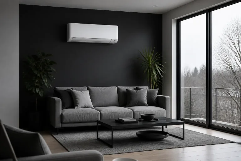 Modern living room with a professionally installed ductless mini-split