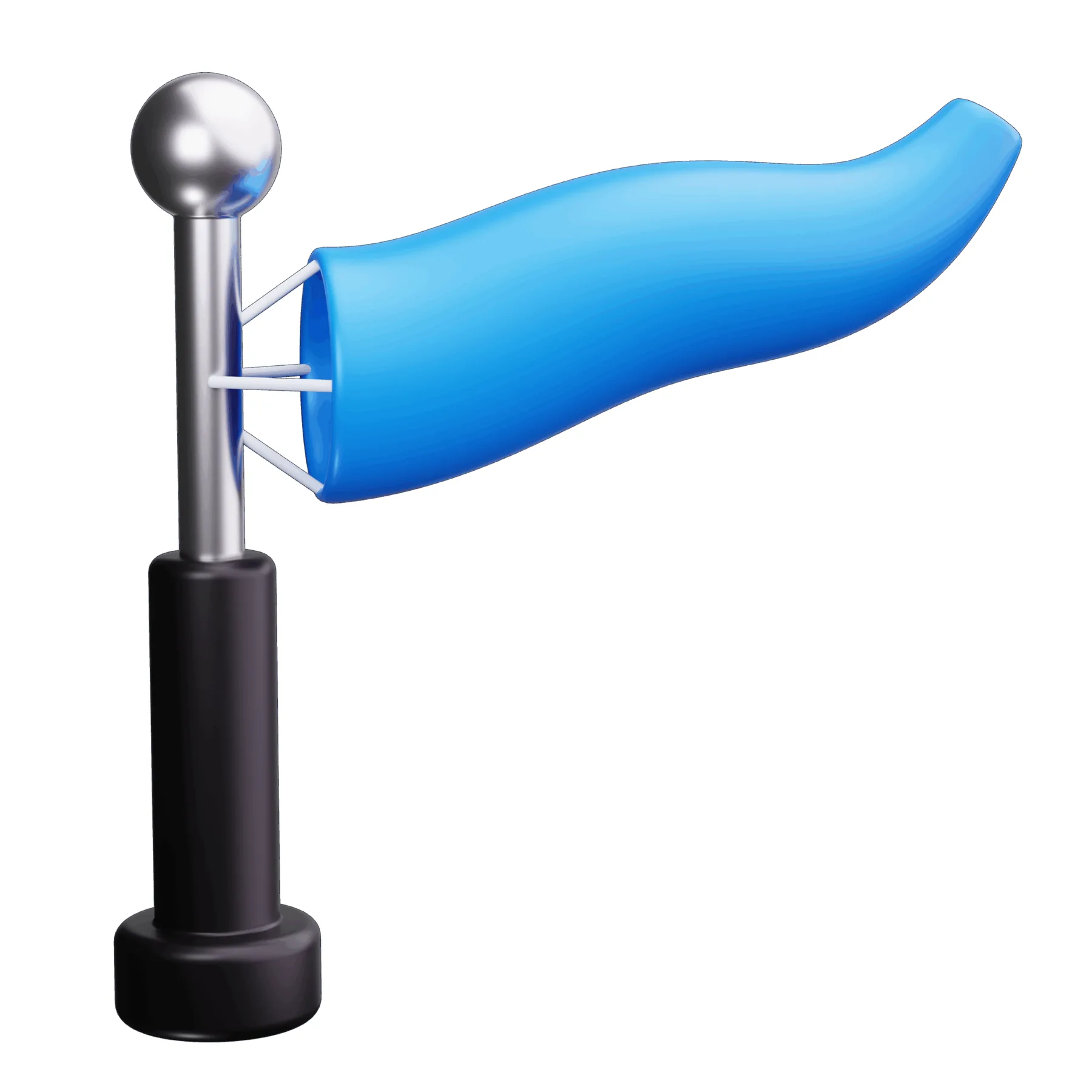 A blue windsock fully extended to the right on a black and silver pole, indicating strong wind blowing from left to right in one of the Atmoserra service areas for HVAC services Greater Vancouver.