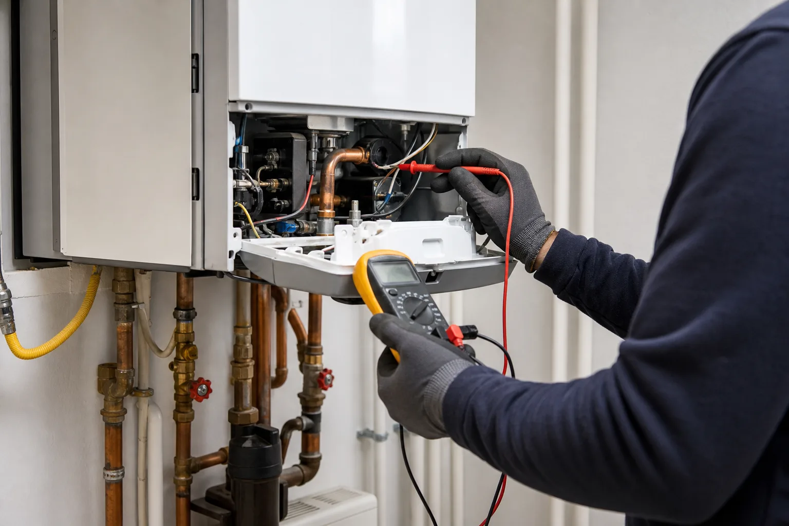 Technician using a multimeter to diagnose an unbranded wall-hung boiler