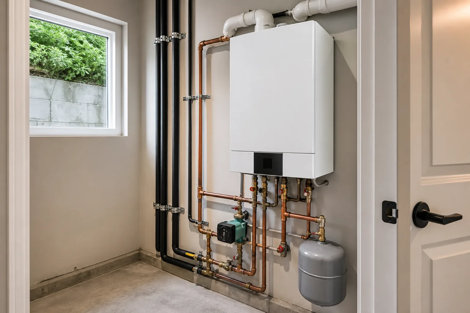 Modern wall-hung boiler with neatly arranged hydronic piping in a residential mechanical room