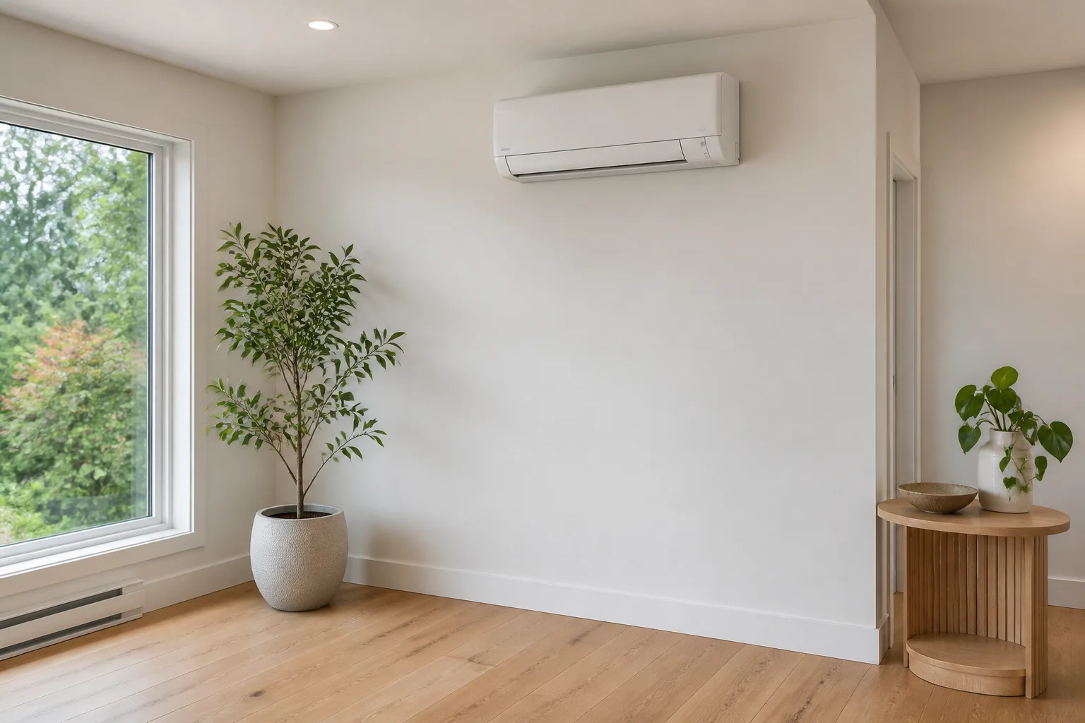 Unbranded wall-mounted ductless heating and cooling unit in a bright home interior