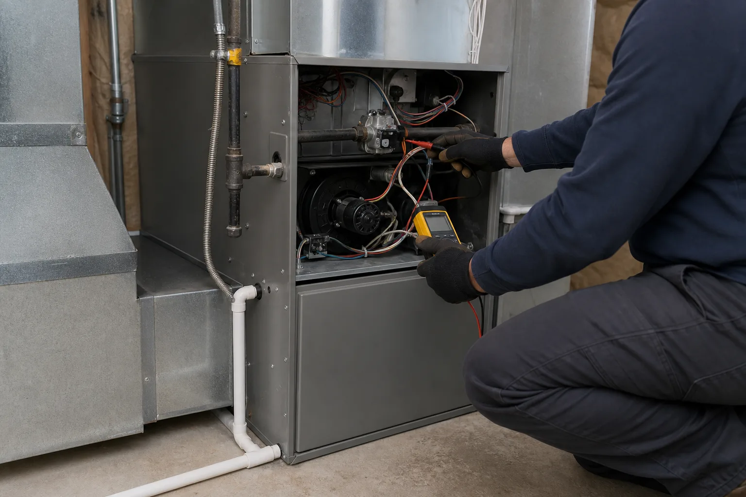 Technician diagnosing an unbranded forced-air furnace in a residential mechanical room