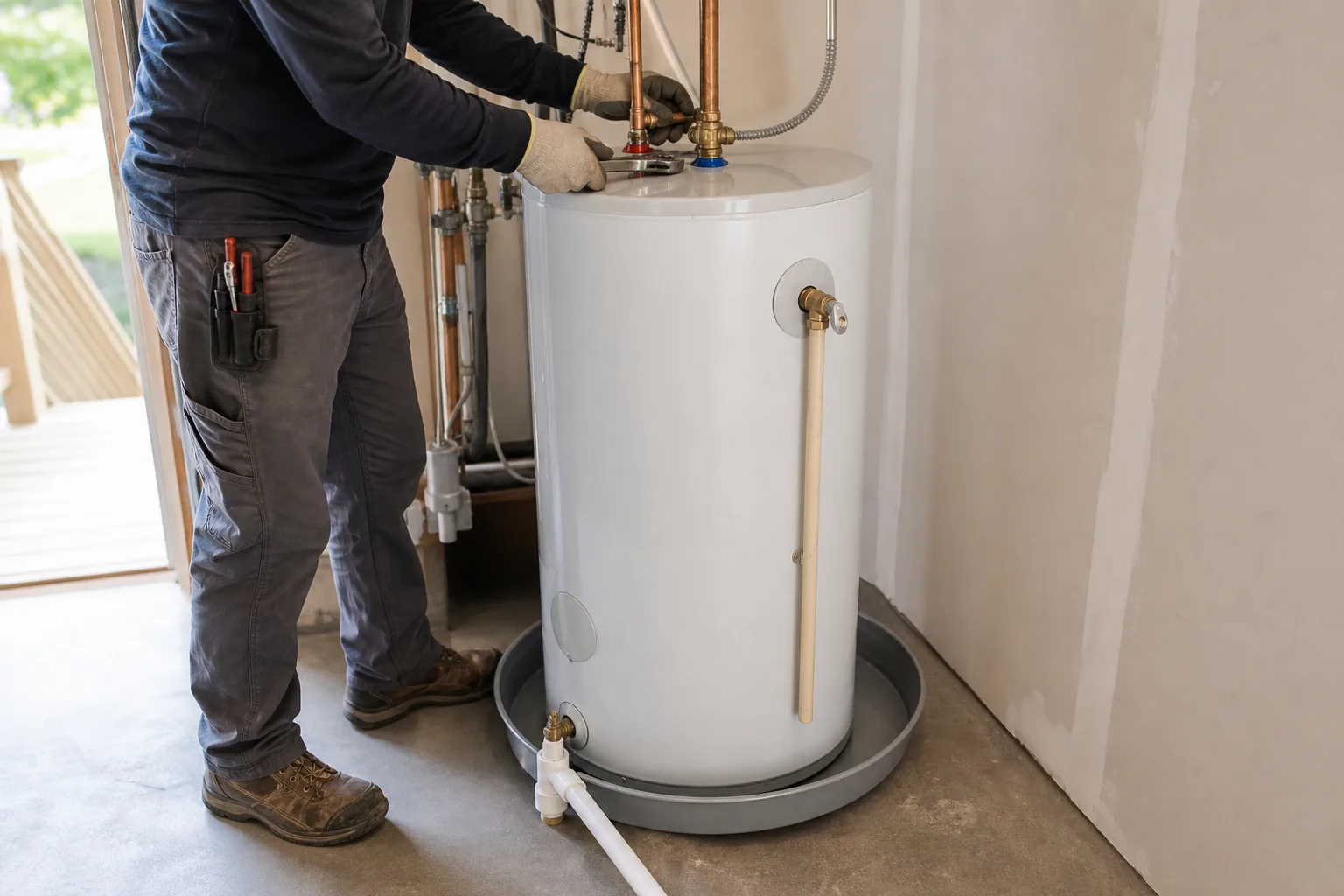 Technician checking the water connections on an unbranded tank water heater