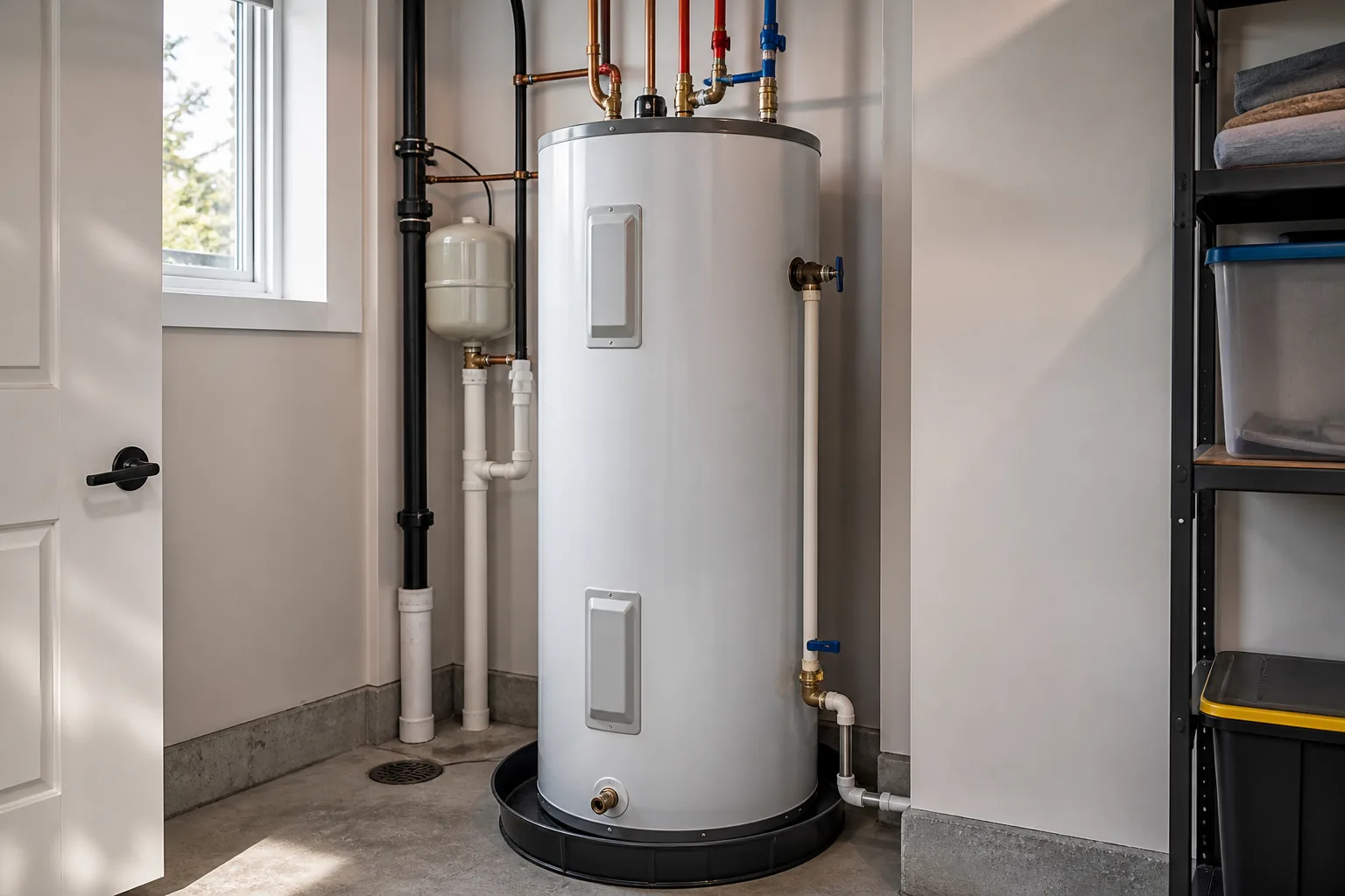 Modern tank water heater installed in a clean residential utility room